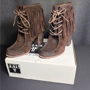 Frye Parker Chocolate Suede Fringe Heeled Boots